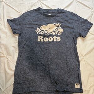 Roots Navy Blue Heathered Short Sleeve Tee with Cream Logo
